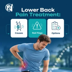 Man holding his lower back in pain with icons for causes, red flags, and options for Lower Back Pain Treatment.