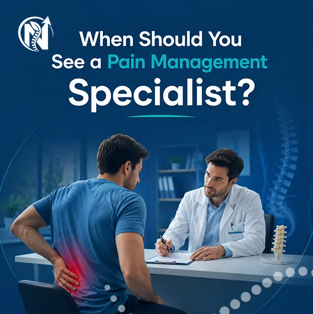 Doctor consulting a patient with lower back pain about when to see a Pain Management Specialist?